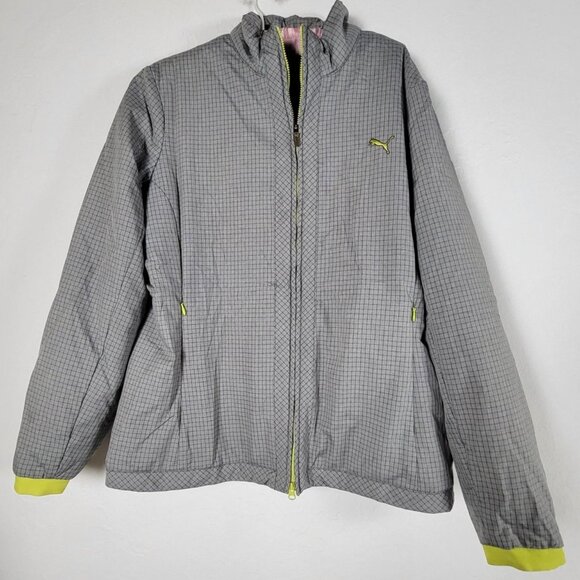 Puma Womens Gray & Yellow Checkered Full-Zip Jacket Size XL Lightweight Sports - Picture 1 of 8